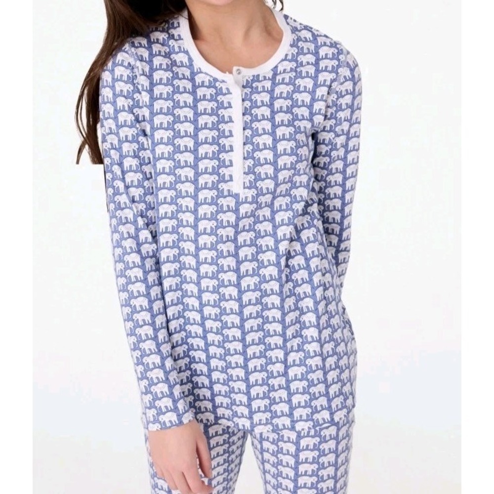 Roller Rabbit Hathi Elephant Pajama Top Sz L Blue White Cotton Henley NWOT